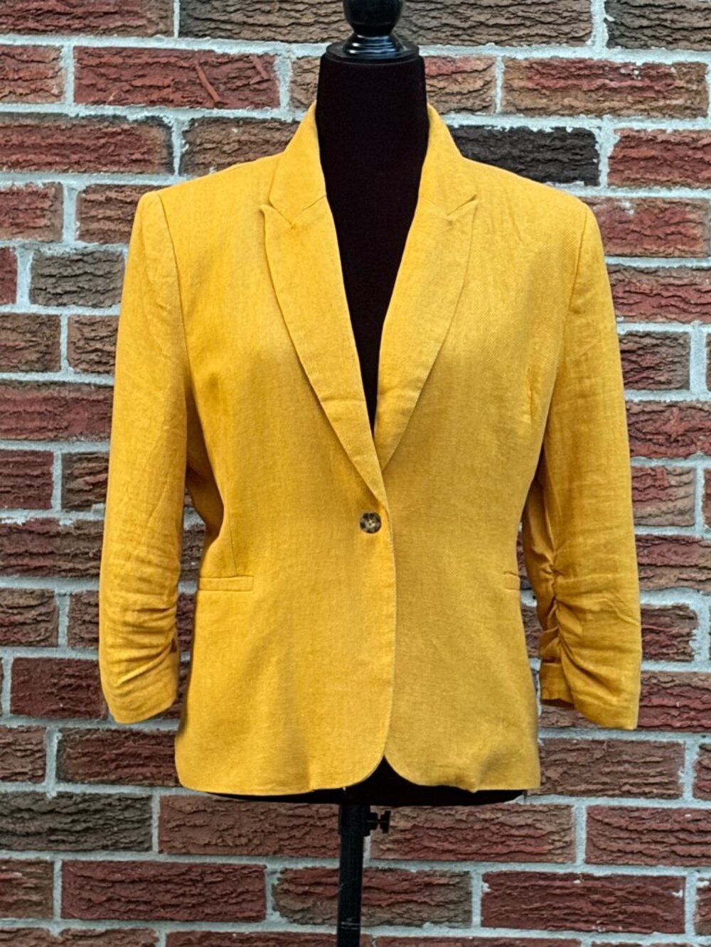 Jules & Leopold Mustard Linen Blend Ruched Sleeve Blazer – Size L